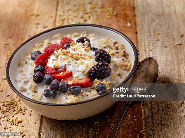 hot 7 grain breakfast cereal with yogurt and fresh fruit - oat stock pictures, royalty-free photos & images