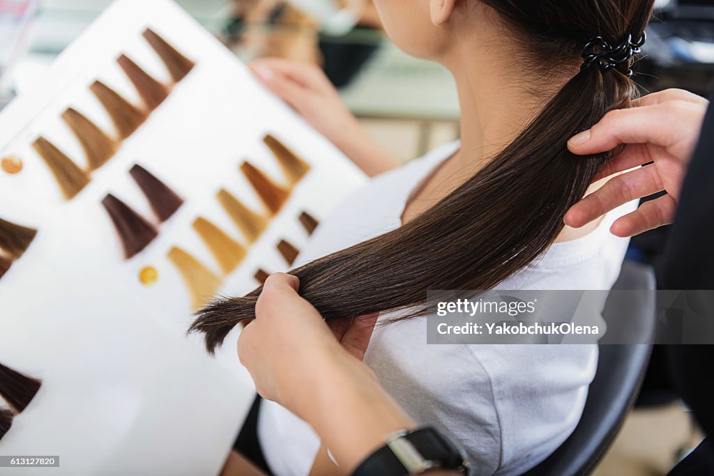 Hands of stylist holding hair at barbershop