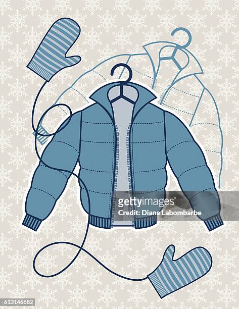 illustrazioni stock, clip art, cartoni animati e icone di tendenza di illustrazione del cappotto invernale su uno sfondo fiocco di neve - cappotto invernale