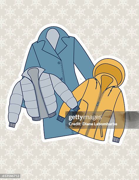 ilustraciones, imágenes clip art, dibujos animados e iconos de stock de ilustración de abrigo de invierno en un fondo de copo de nieve - winter coat
