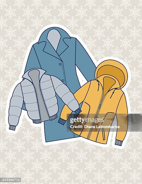 illustrazioni stock, clip art, cartoni animati e icone di tendenza di illustrazione del cappotto invernale su uno sfondo fiocco di neve - cappotto invernale