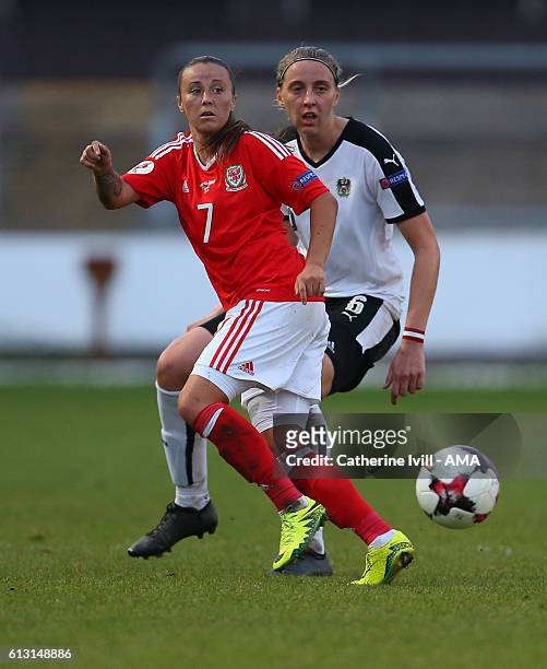 Natasha Harding of Wales Women and Katharina Schiechtl of Austria Women during the Women's Euro 2017 qualifier match between Wales Women and Austria...