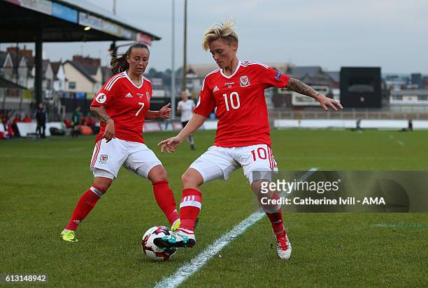 Natasha Harding of Wales Women and Jess Fishlock of Wales Women during the Women's Euro 2017 qualifier match between Wales Women and Austria Women at...