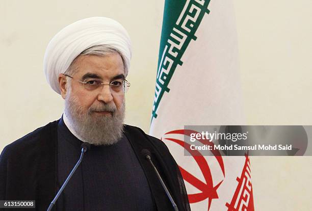 Iran President Hassan Rouhani give a speech inside the Malaysia Prime Minister Najib Razak office during official visit on October 7, 2016 in...