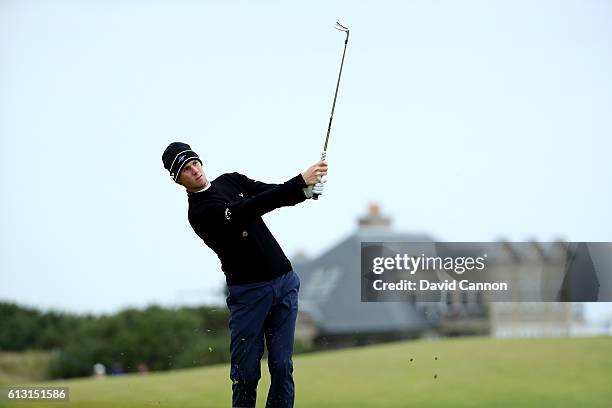 Thomas Pieters of Belgium plays his second shot at the 10th hole during the second round of the Alfred Dunhill Links Championship on the Golf Links...