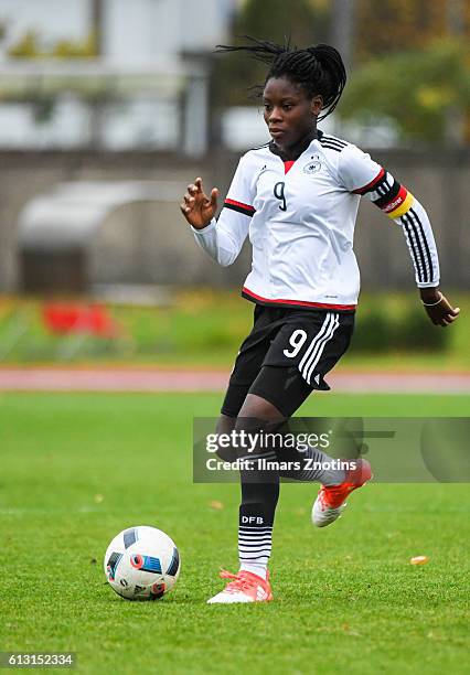 Nicole Anyomi of Germany runs with a ball during the UEFA Under17 Girl's Euro Qualifier between U17 Girl's Turkey and U17 Girl's Germany at Pilsetas...