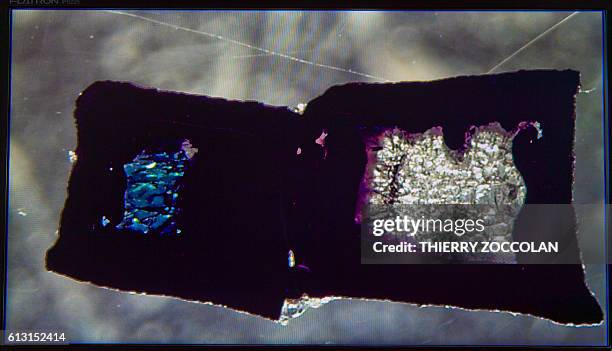 Photo taken on July 11, 2016 shows a sample of wadsleyite, synthesized using in the multi-anvil press at the Magmas et Volcans research center at...