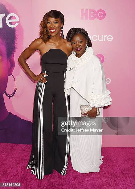 Actress Yvonne Orji and her mother Celine Orji attend the premiere of 'Insecure' at Nate Holden Performing Arts Center on October 6, 2016 in Los...