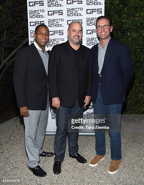 Tony Brown, founder and president of Ghetto Film School Joe Hall and 21stÊCentury Fox CEOÊJames Murdoch attend a benefit hosted by Brian Grazer for...