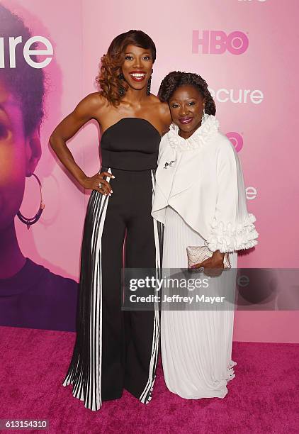 Actress Yvonne Orji and her mother Celine Orji attend the premiere of 'Insecure' at Nate Holden Performing Arts Center on October 6, 2016 in Los...