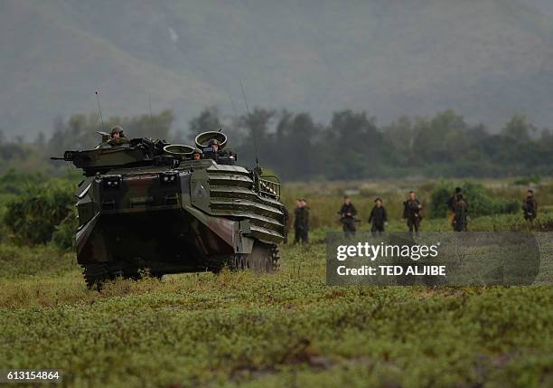 Marines Amphibious Assault vehicle manuevers during the Philippines-US amphibious landing exercise at a naval training base facing South China sea in...