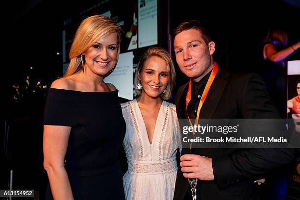 Giants number one ticket holder Melissa Doyle with Marley Gordon and Toby Greene at the Greater Western Sydney AFL Awards Night on October 7, 2016 in...