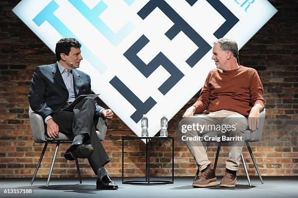 The New Yorker's David Remnick and Co-founder and CEO of Netflix Reed Hastings speak onstage during The New Yorker TechFest 2016 on October 2, 2016...