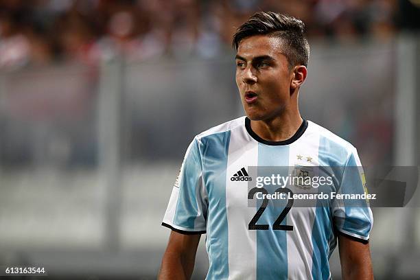 Paulo Dybala of Argentina looks on during a match between Peru and Argentina as part of FIFA 2018 World Cup Qualifiers at Nacional Stadium on October...