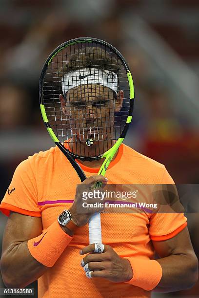 Rafael Nadal of Spain reacts during the Men's Singles Quarterfinals match against Grigor Dimitrov of Bulgaria on day seven of the 2016 China Open at...