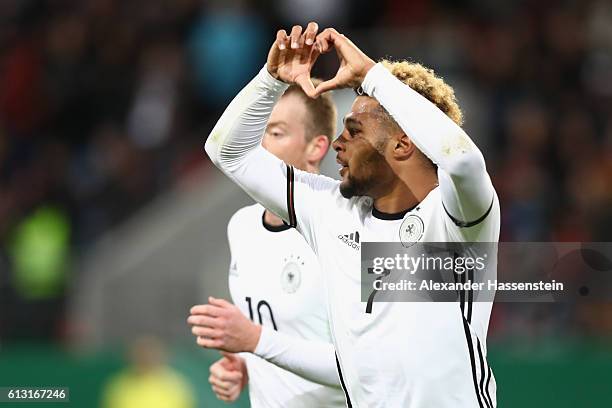 Serge Gnabry of Germany celebrates scoring the 2nd team goal during the 2017 UEFA European U21 Championships Qualifier between Germany and Russia at...