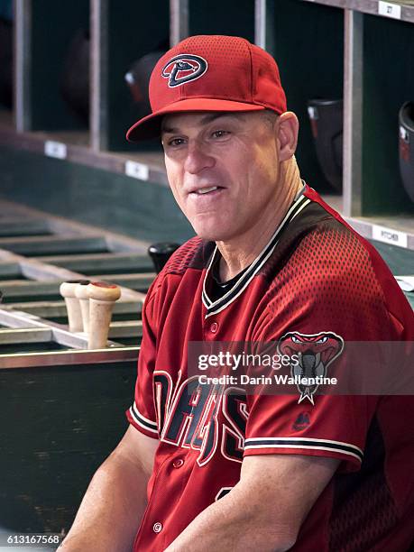 Manager Chip Hale of the Arizona Diamondbacks sits in the dugout before the MLB game between the San Diego Padres and Arizona Diamondbacks at Chase...
