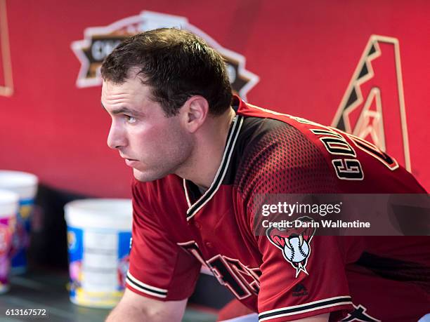 Paul Goldschmidt of the Arizona Diamondbacks sits in the dugout before the MLB game between the San Diego Padres and Arizona Diamondbacks at Chase...