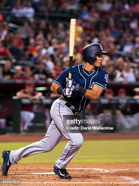 Luis Sardinas of the San Diego Padres grounds out to second against the Arizona Diamondbacks in the third inning of the MLB game at Chase Field on...