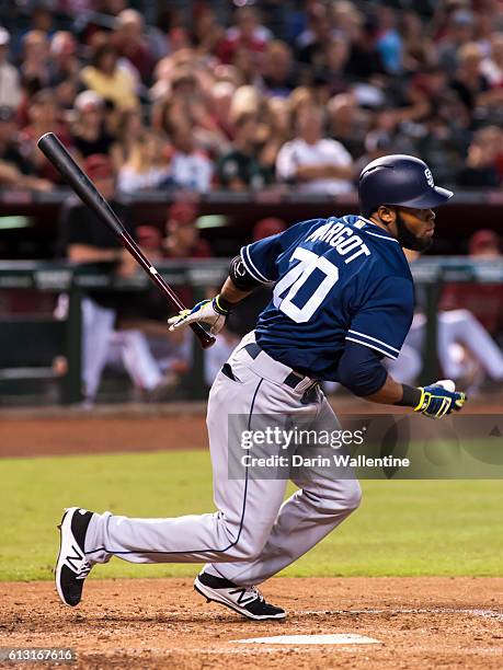 Manuel Margot of the San Diego Padres grounds out to second in the fifth inning of the MLB game against the Arizona Diamondbacks at Chase Field on...