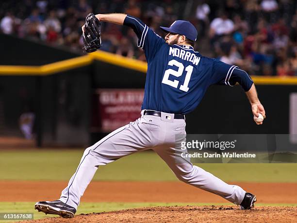 Relief pitcher Brandon Morrow of the San Diego Padres delivers a pitch in the seventh inning against the Arizona Diamondbacks at Chase Field on...