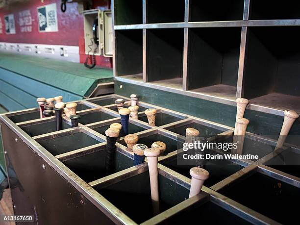 The San Diego Padres bat rack before the MLB game against the Arizona Diamondbacks at Chase Field on October 2, 2016 in Phoenix, Arizona. The Arizona...