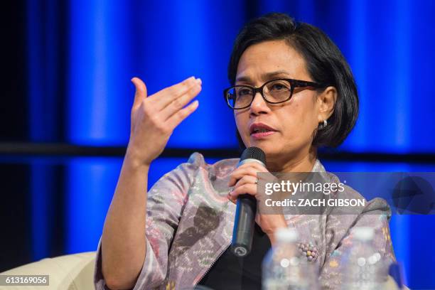 Indonesia Minister of Finance Sri Mulyani Indrawati speaks during a panel discussion on financial inclusion at the 2016 Annual Meetings of the...