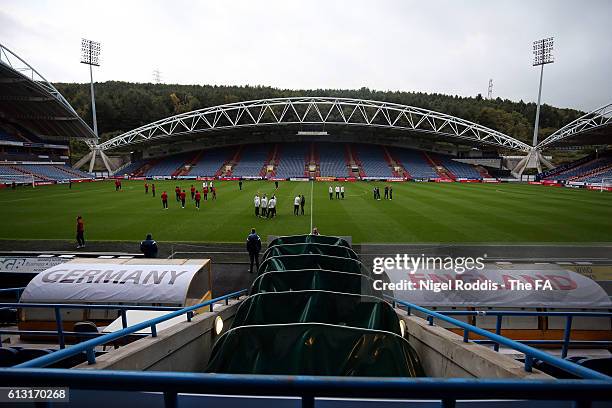 Players of England and Germany inspects the pitch ahead of the Under 20s Four Nations Tournament match between England and Germany at John Smith's...