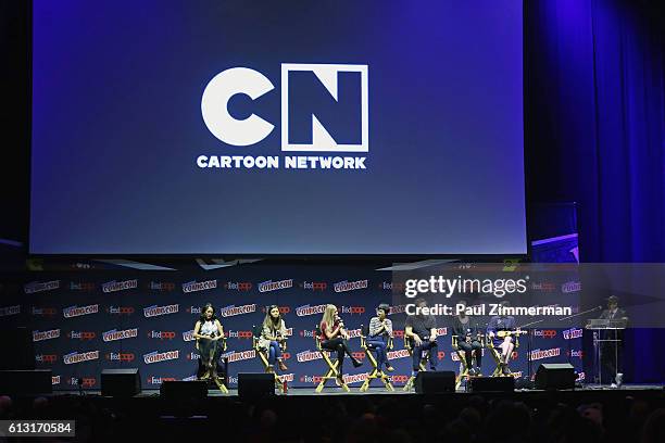 Shelby Rabara, Jennifer Paz, AJ Michalka, Charlyne Yi, Tom Scharpling, Kat Morris, Rebecca Sugar, and Eric Bauza speak onstage during the Cartoon...