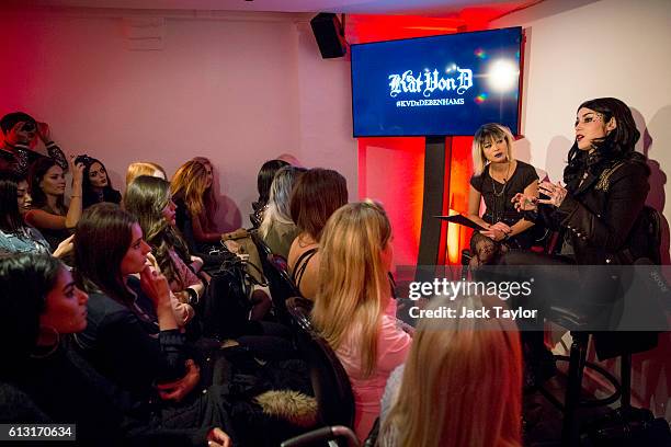 Tattoo artist and television personality Kat Von D speak to guest at an influencer launch of the new Kat Von D Beauty range at 15 Bateman Street on...