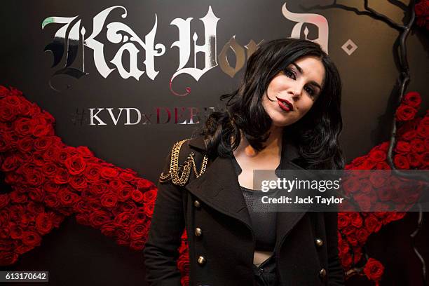 Tattoo artist and television personality Kat Von D attends an influencer launch of the new Kat Von D Beauty range at 15 Bateman Street on October 7,...