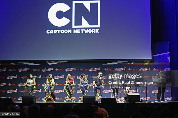 Shelby Rabara, Jennifer Paz, AJ Michalka, Charlyne Yi, Tom Scharpling, Kat Morris, Rebecca Sugar, and Eric Bauza speak onstage during the Cartoon...