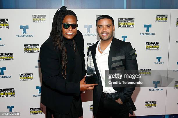 Press Room" -- Pictured: Musical group Zion y Lennox pose backstage at the 2016 Latin American Music Awards at the Dolby Theater in Los Angeles, CA...