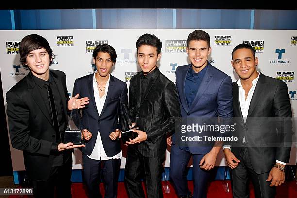 Press Room" -- Pictured: Musical group CNCO pose backstage at the 2016 Latin American Music Awards at the Dolby Theater in Los Angeles, CA on October...