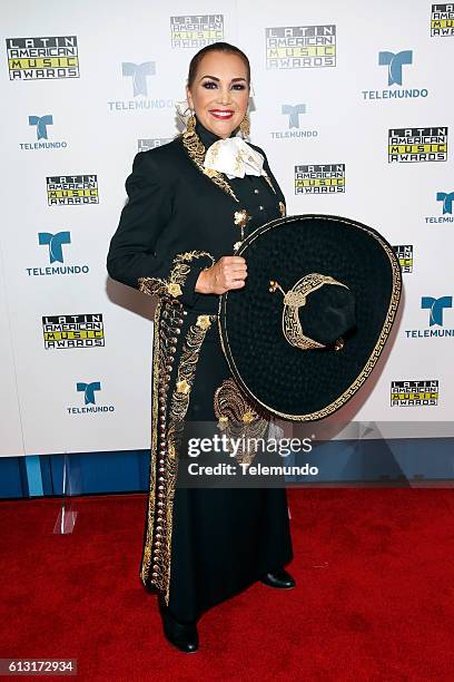 Press Room" -- Pictured: Recording artist Aida Cuevas poses backstage at the 2016 Latin American Music Awards at the Dolby Theater in Los Angeles, CA...