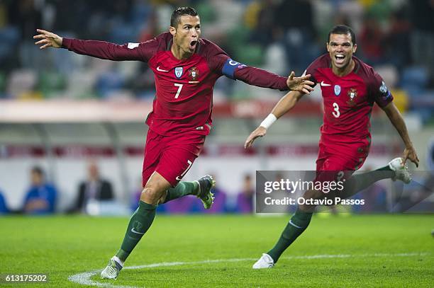 Cristiano Ronaldo of Portugal celebrates after scoring a goal during the 2018 FIFA World Cup Qualifying Group B match between Portugal and Andorra at...