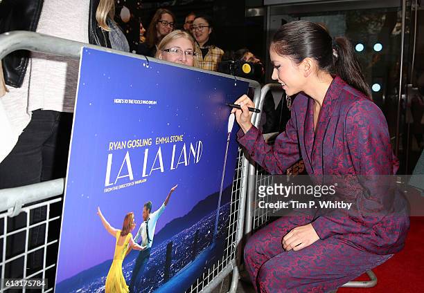Actress Sonoya Mizuno attends the 'La La Land' Patrons Gala screening during the 60th BFI London Film Festival at the Odeon Leicester Square on...