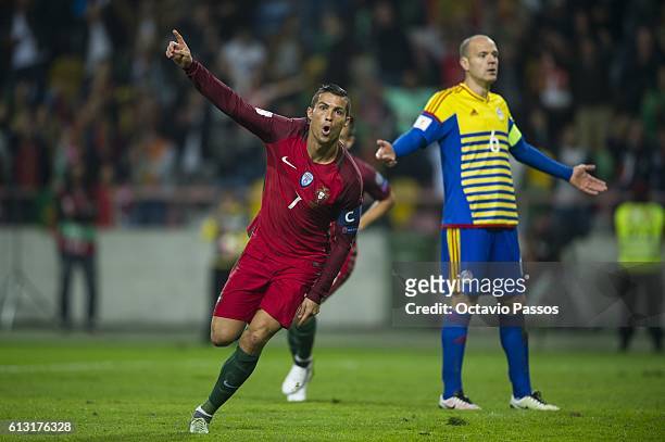 Cristiano Ronaldo of Portugal celebrates after scoring the second a goal during the 2018 FIFA World Cup Qualifying Group B match between Portugal and...