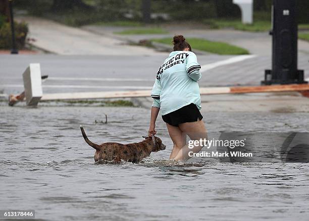 Women helps a dog navigate through Hurricane Matthew's flood waters, October 7, 2016 on Port Orange, Florida. Hurricane Matthew passed the area...