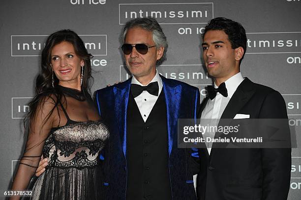 Veronica Berti, Andrea Bocelli and Amos Bocelli attend Intimissimi On Ice at Arena on October 7, 2016 in Verona, Italy.