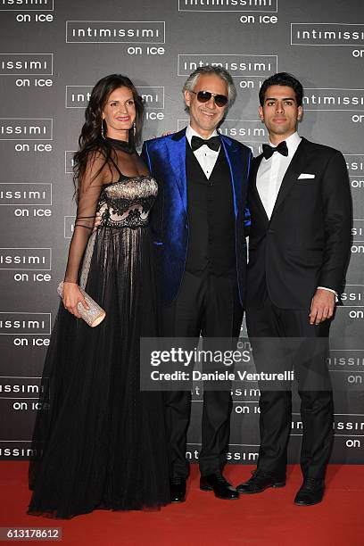 Veronica Berti, Andrea Bocelli and Amos Bocelli attend Intimissimi On Ice at Arena on October 7, 2016 in Verona, Italy.