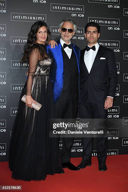 Veronica Berti, Andrea Bocelli and Amos Bocelli attend Intimissimi On Ice at Arena on October 7, 2016 in Verona, Italy.