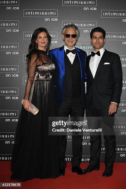 Veronica Berti, Andrea Bocelli and Amos Bocelli attend Intimissimi On Ice at Arena on October 7, 2016 in Verona, Italy.