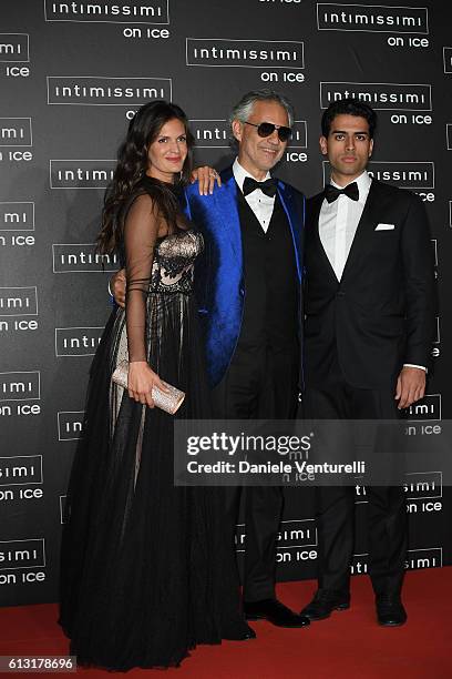 Veronica Berti, Andrea Bocelli and Amos Bocelli attend Intimissimi On Ice at Arena on October 7, 2016 in Verona, Italy.