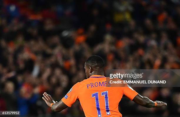 Netherlands' Quincy Promes celebrates after scoring his second goal during the Fifa World Cup 2018 football qualification match between The...