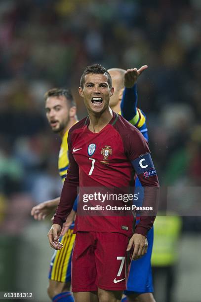 Cristiano Ronaldo of Portugal argues during the 2018 FIFA World Cup Qualifiers, Group B, first leg match between Portugal and Andorra at the Aveiro...