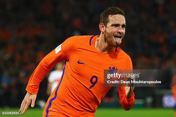 Vincent Janssen of the Netherlands celebrates scoring his teams fourth goal of the game during the FIFA 2018 World Cup Qualifier between Netherlands...