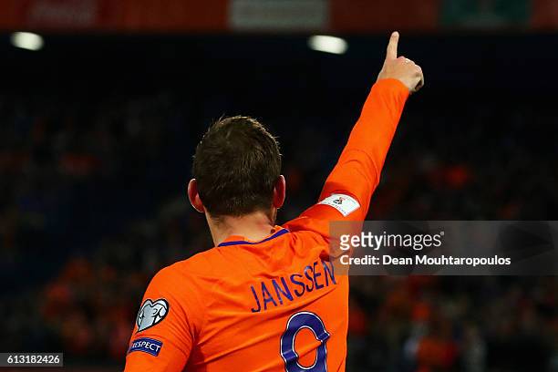Vincent Janssen of the Netherlands celebrates scoring his teams fourth goal of the game during the FIFA 2018 World Cup Qualifier between Netherlands...