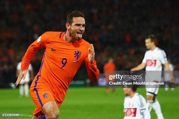 Vincent Janssen of the Netherlands celebrates scoring his teams fourth goal of the game during the FIFA 2018 World Cup Qualifier between Netherlands...