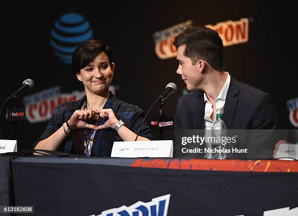 Bex Taylor-Klaus and Jeremy Shada speak onstage at Voltron Legendary Defender Season 2 Sneak Peek at Jacob Javits Center on October 7, 2016 in New...